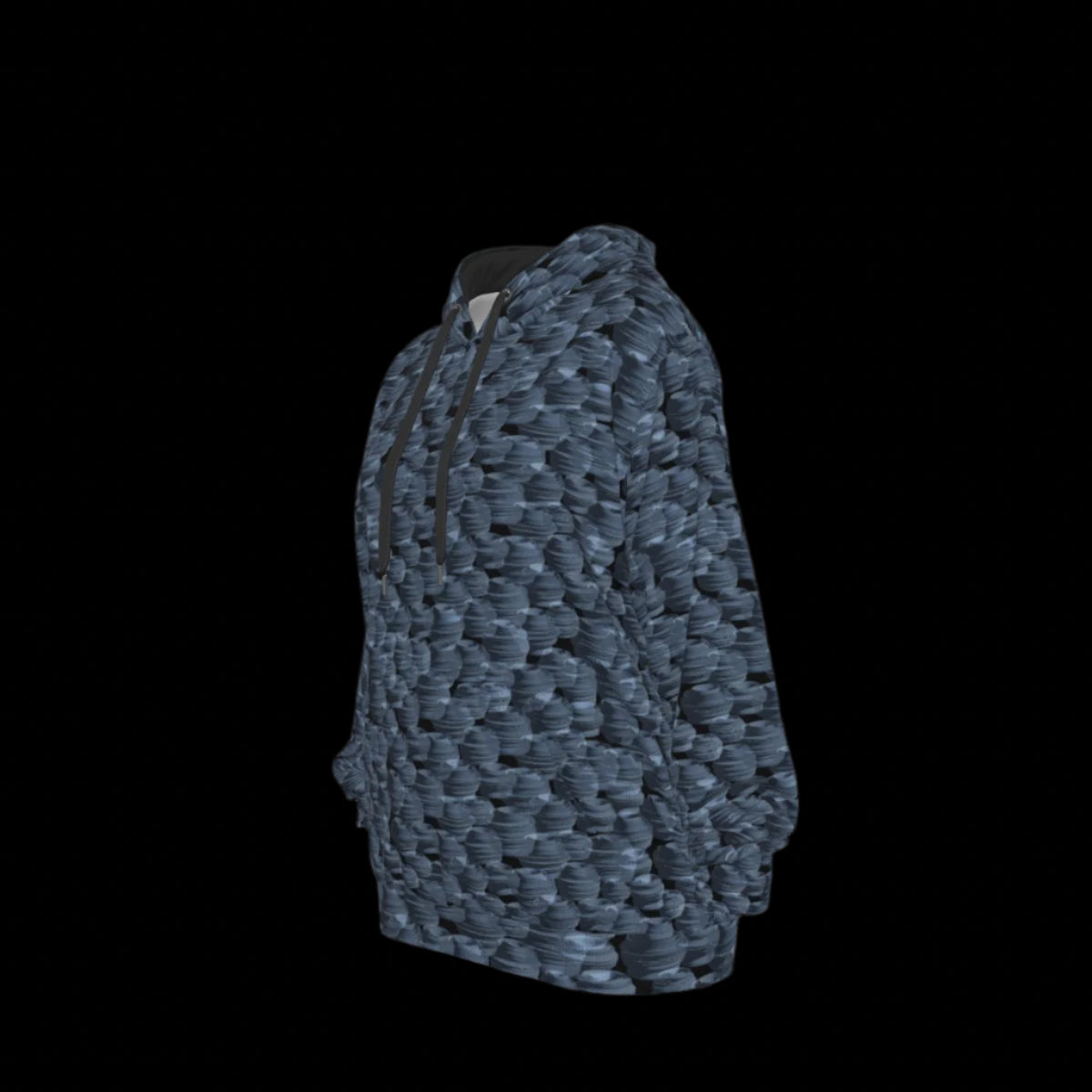 Left side of a blue patterned hoodie on a black background