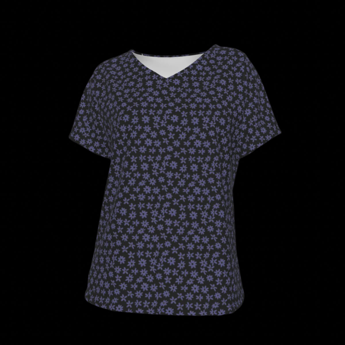 Front of navy blue patterned V-Neck blouse on a black background