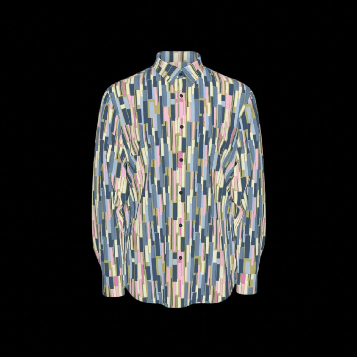 Front of long-sleeve shirt with geometric pattern on a black background