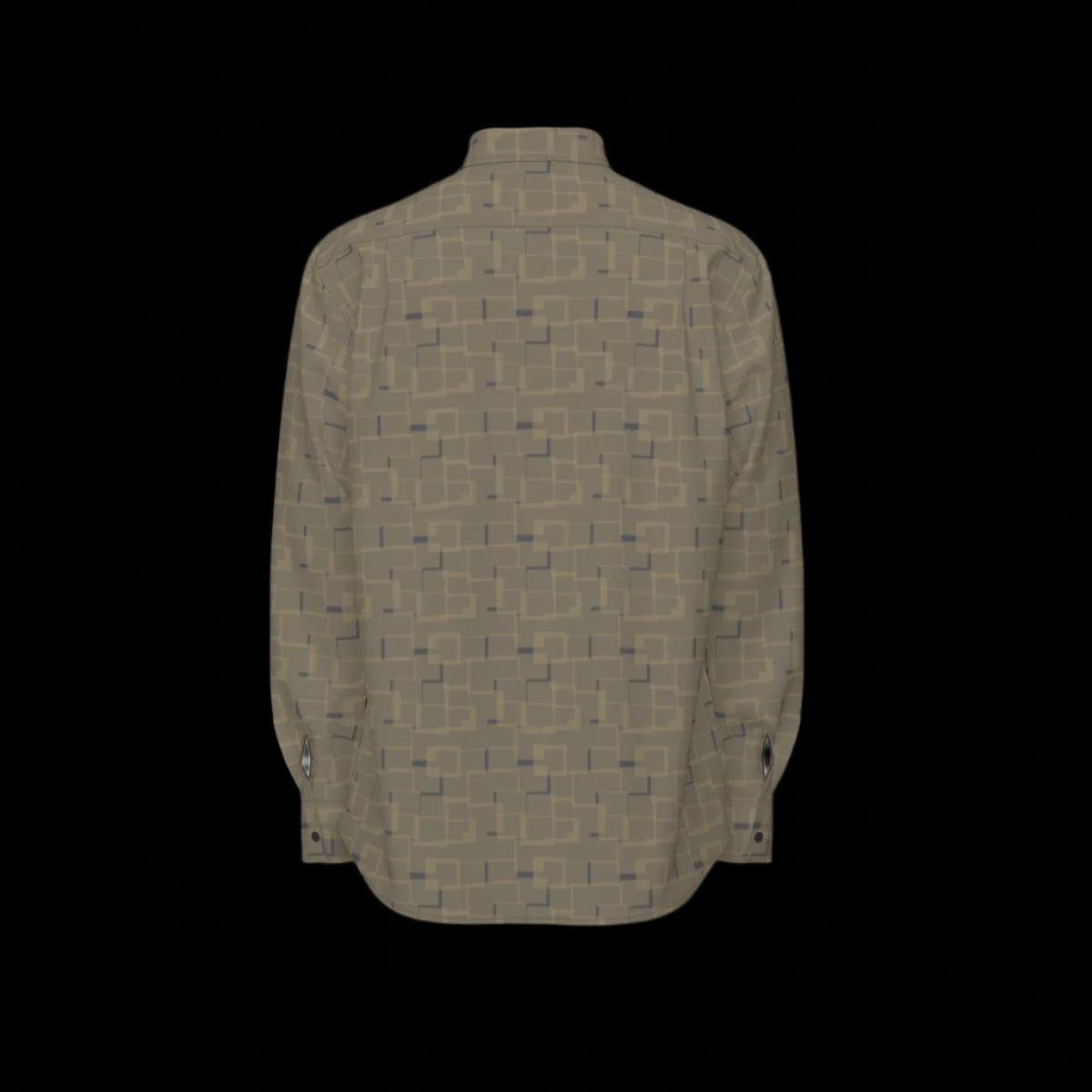 Back of a green patterned long sleeve shirt on a black background
