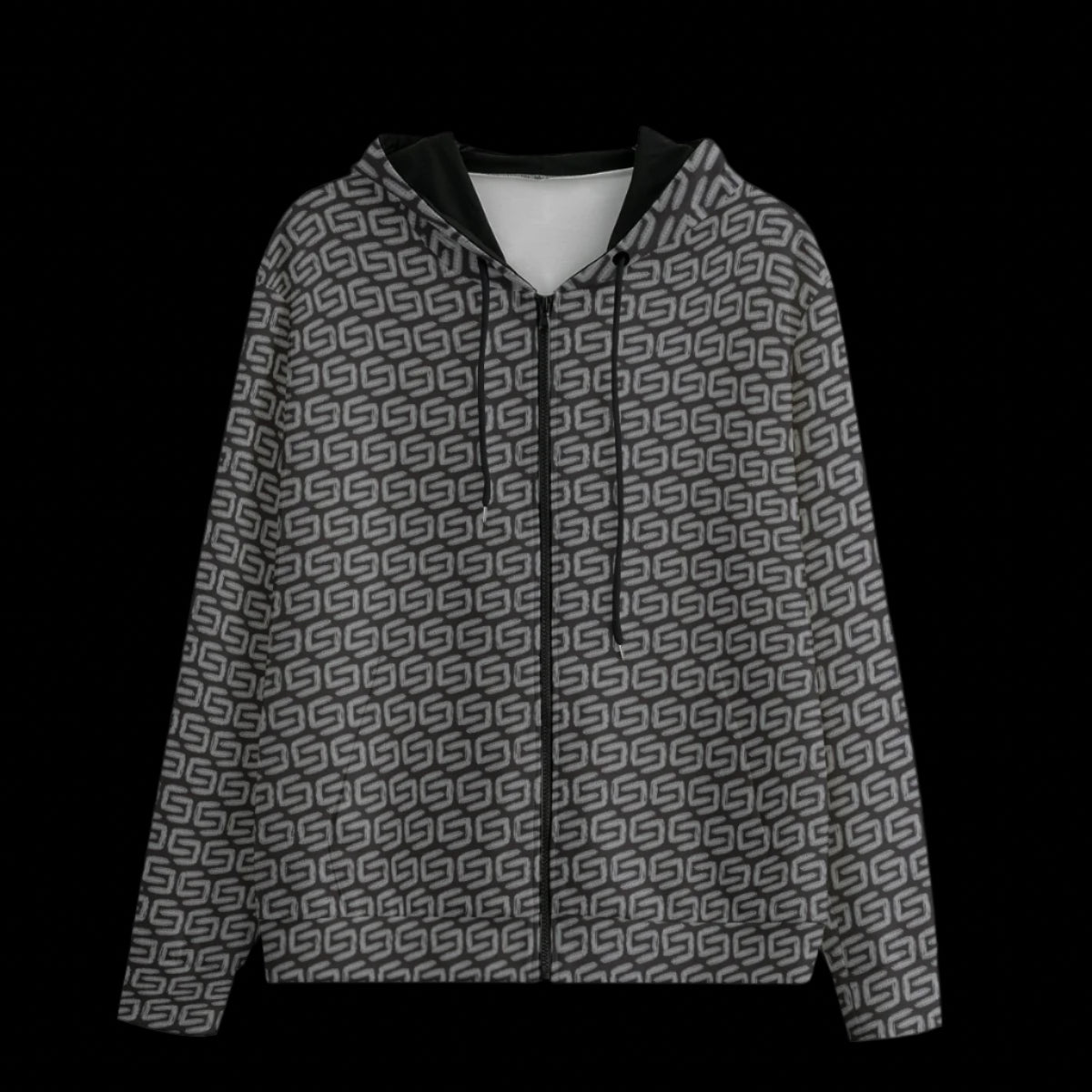 Front of a patterned hoodie on a black background
