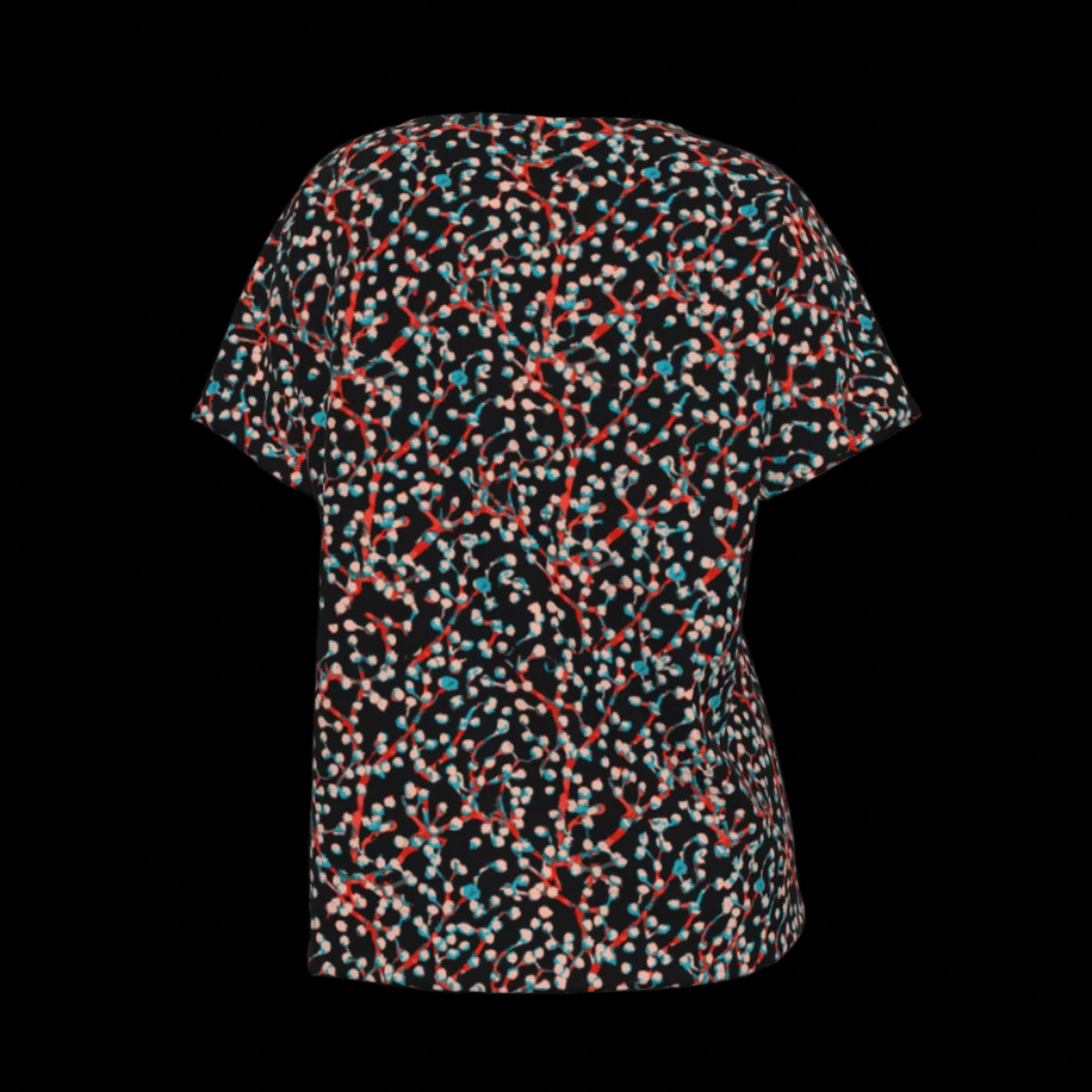 Back of multicolored patterned V-Neck T-shirt on a white background