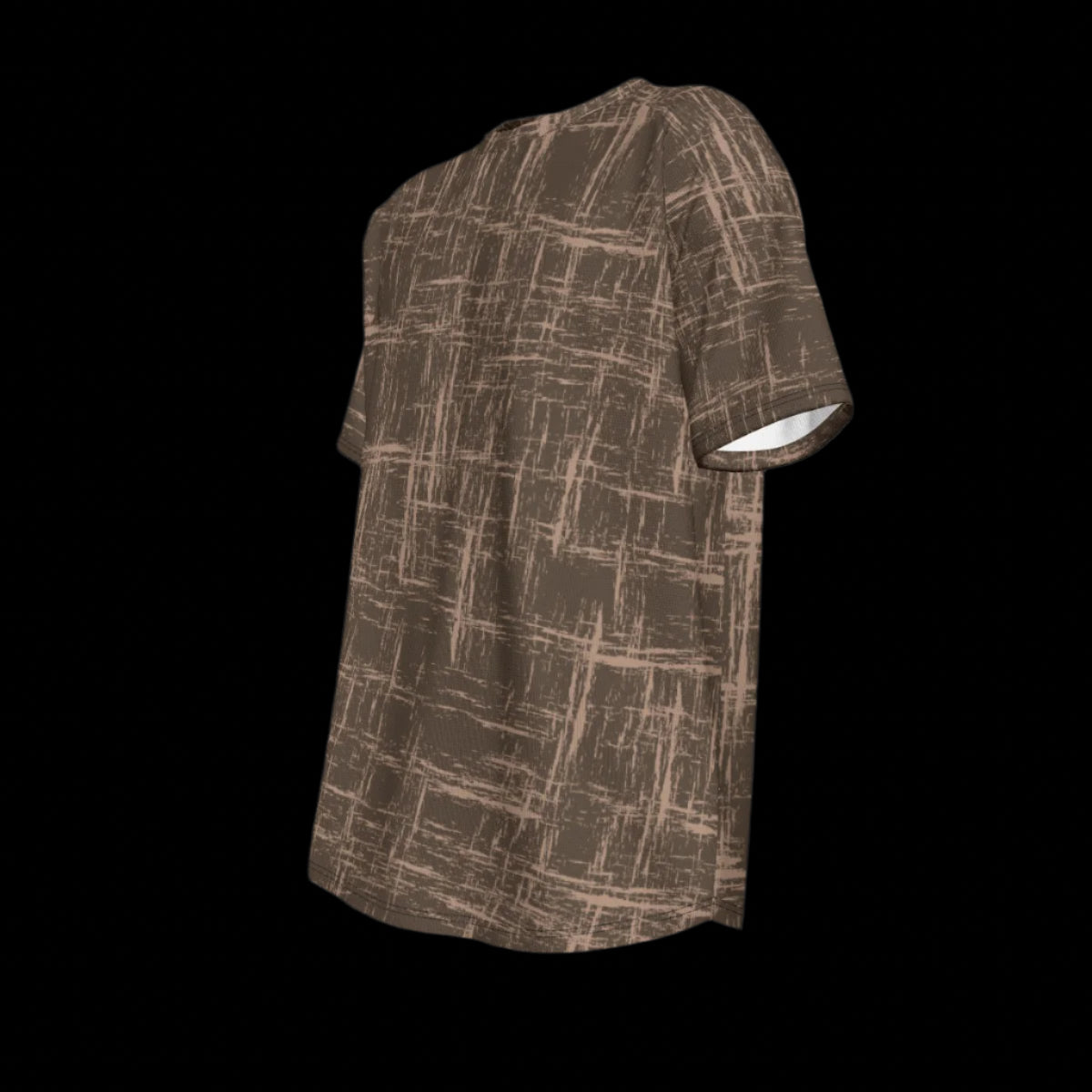 Left side of brown patterned t-shirt on a black background