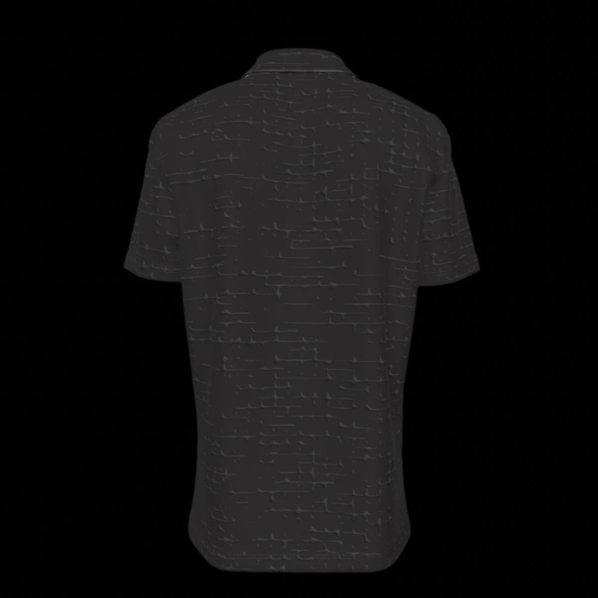 Back of black short-sleeve button-down shirt with a subtle pattern on a black background
