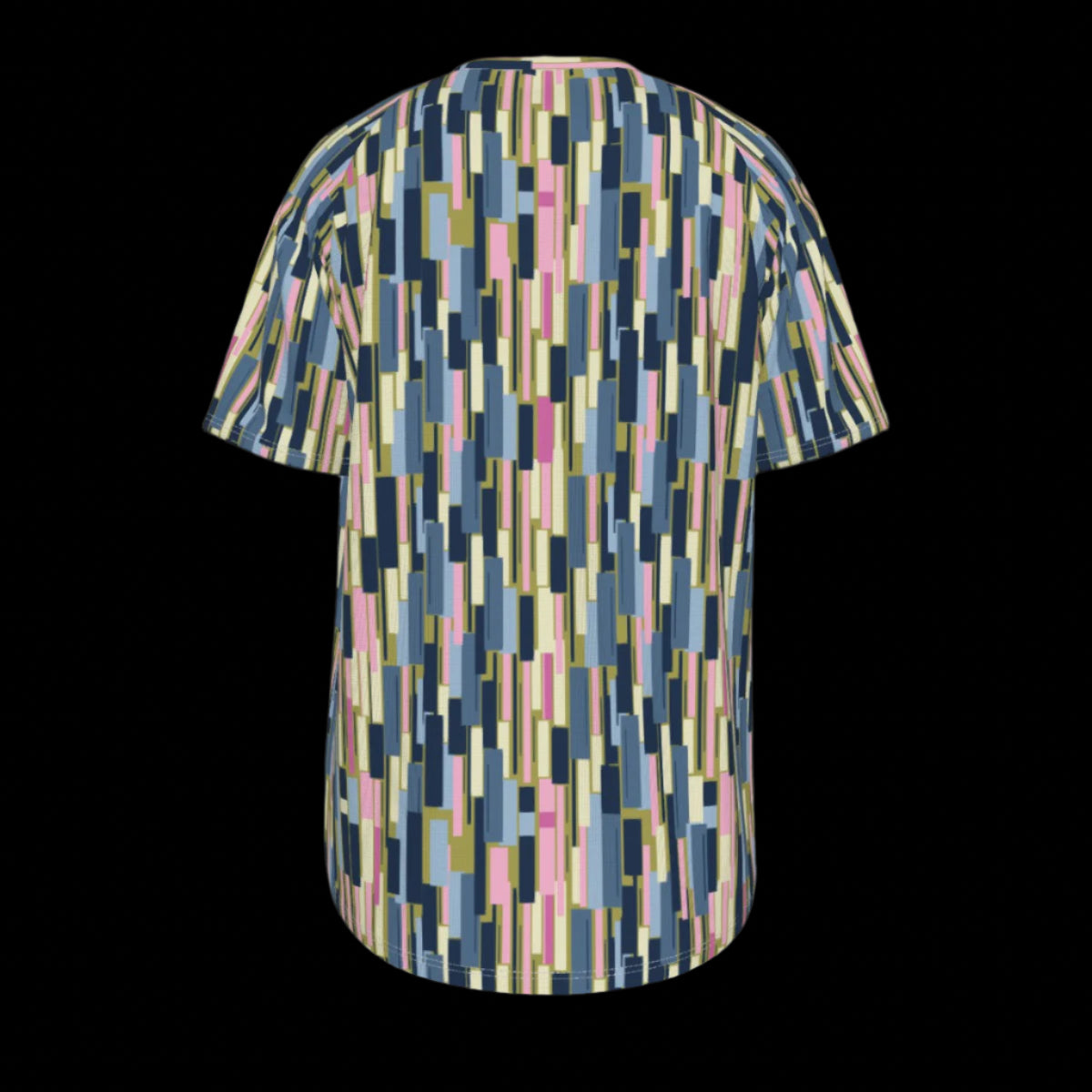 Back of colorful geometric patterned shirt on a black background