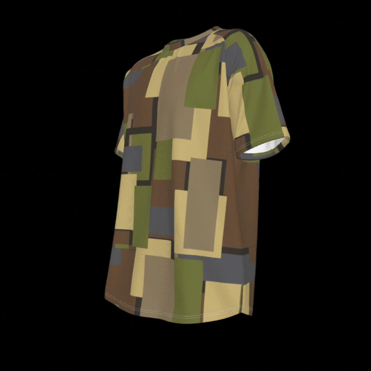 Left side of T-shirt with a geometric pattern in brown, green, and beige on a black background