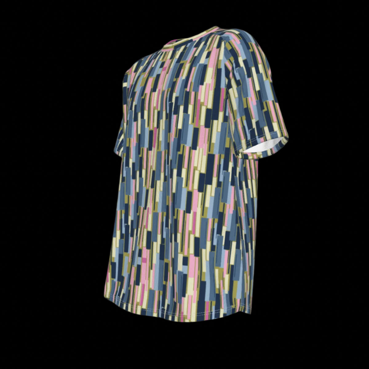 Left side of colorful geometric patterned shirt on a black background