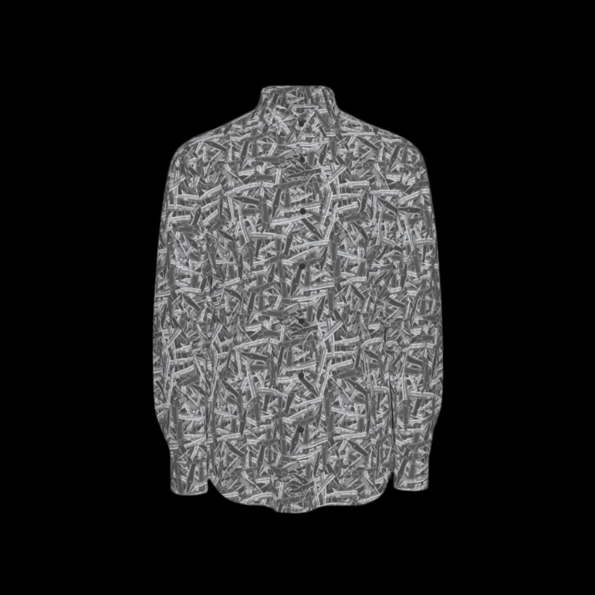 Front of a patterned long sleeve shirt on a black background