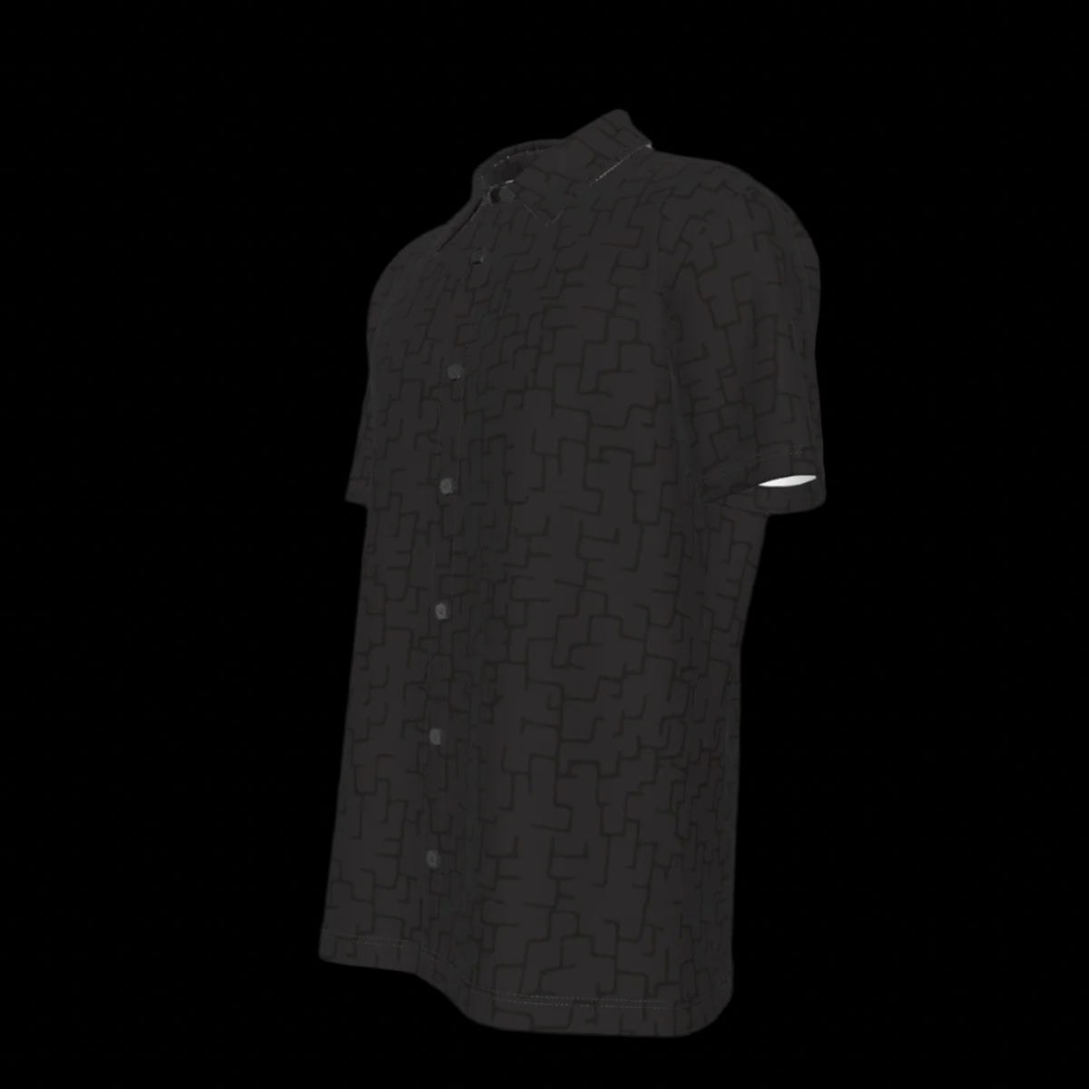 Left side of black short-sleeve button-down shirt with a subtle pattern on a black background