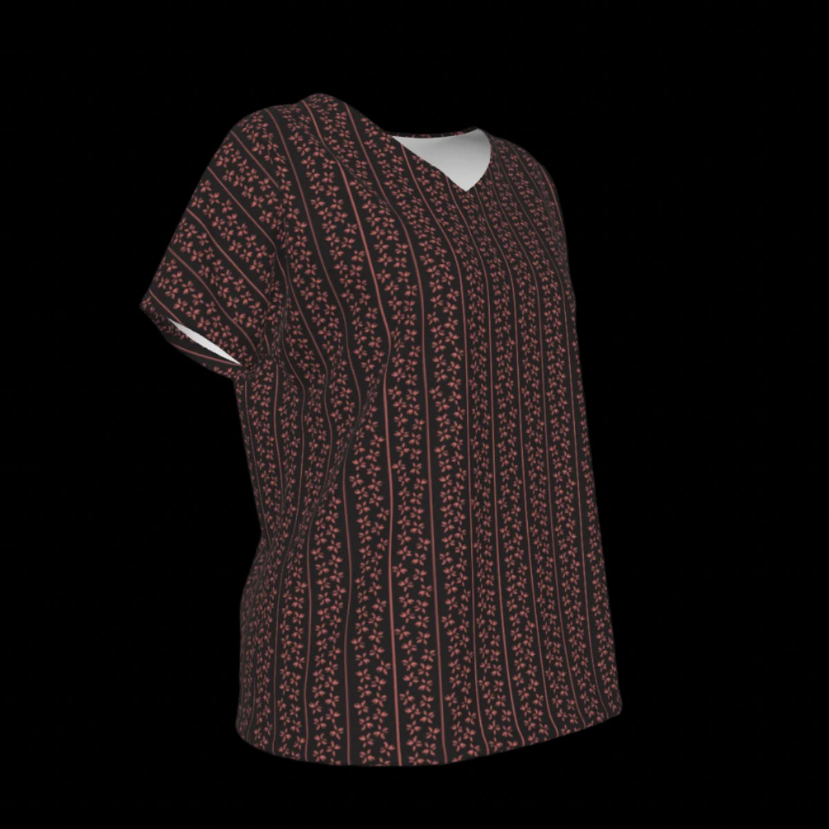 Right side of black and red patterned blouse on a black background