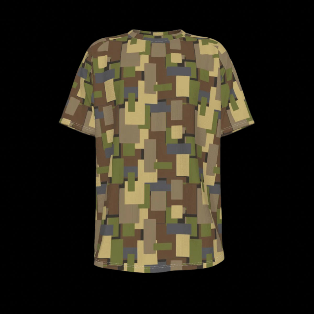 Front of Camouflage patterned t-shirt on a black background