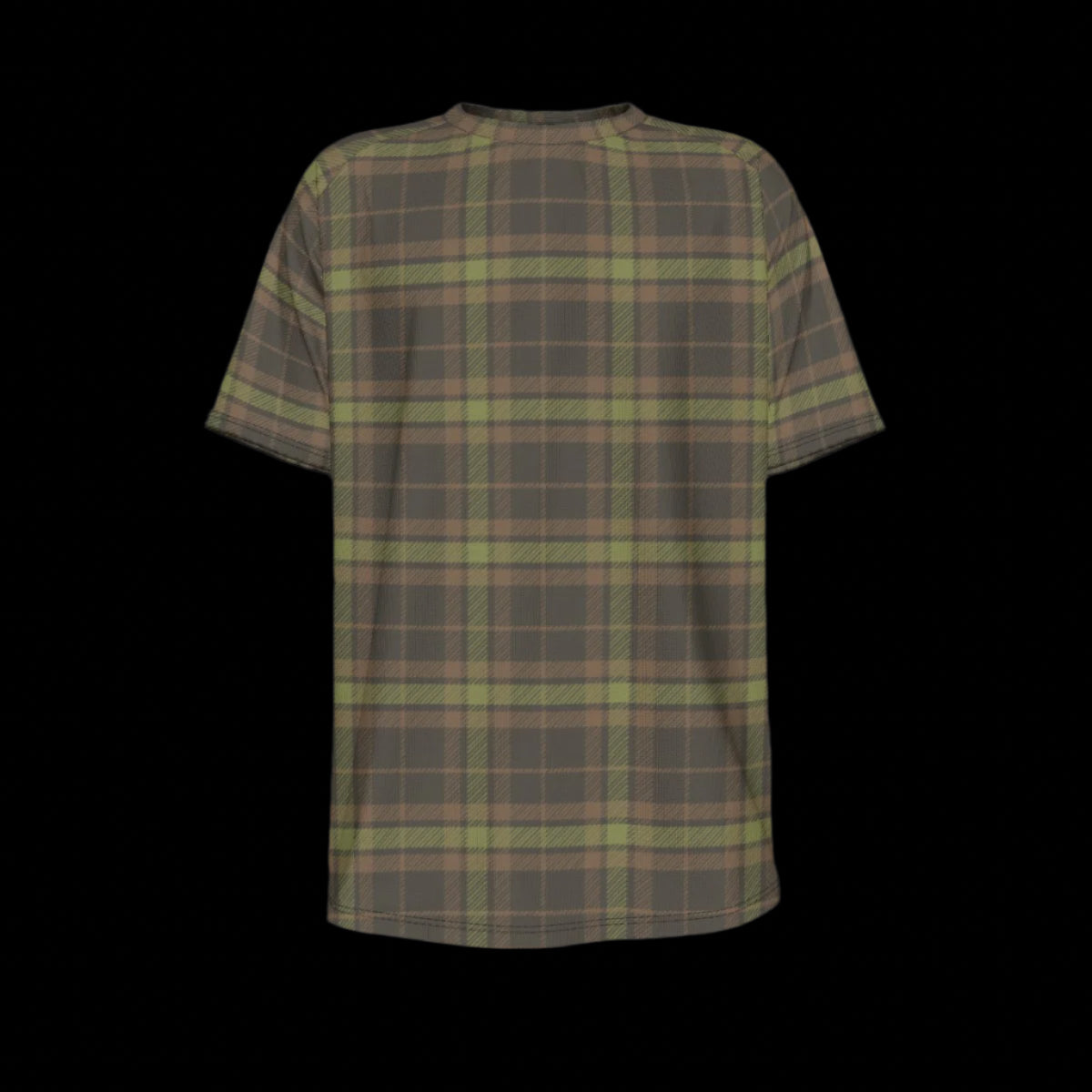 Front of green and brown plaid t-shirt on a black background