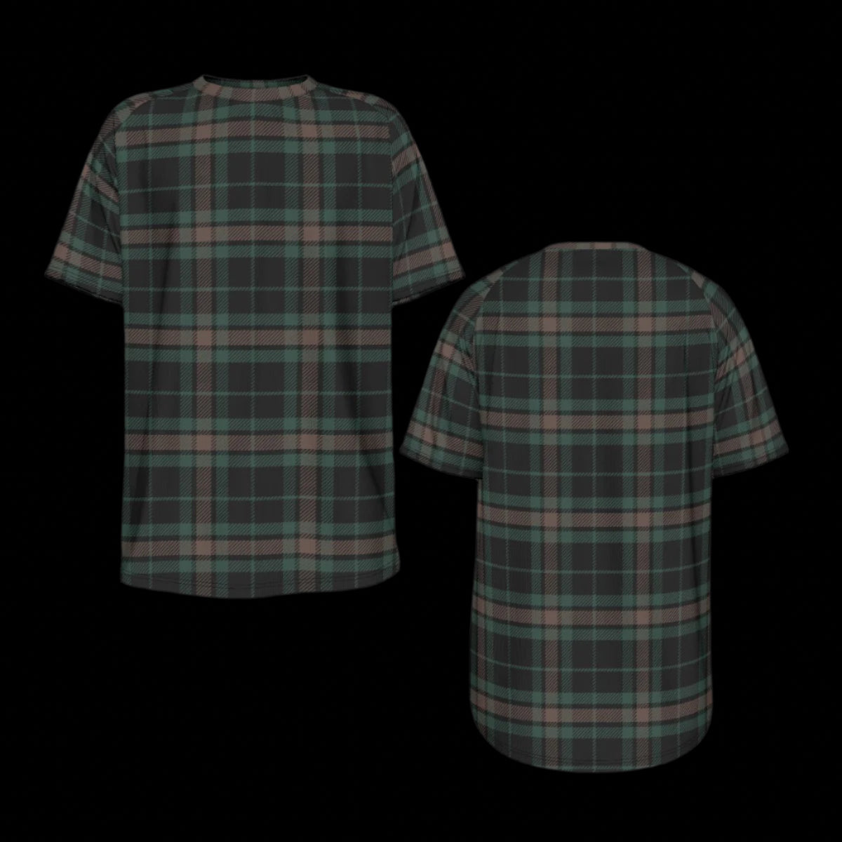 Front an back of plaid shirt with brown and beige pattern on a black background