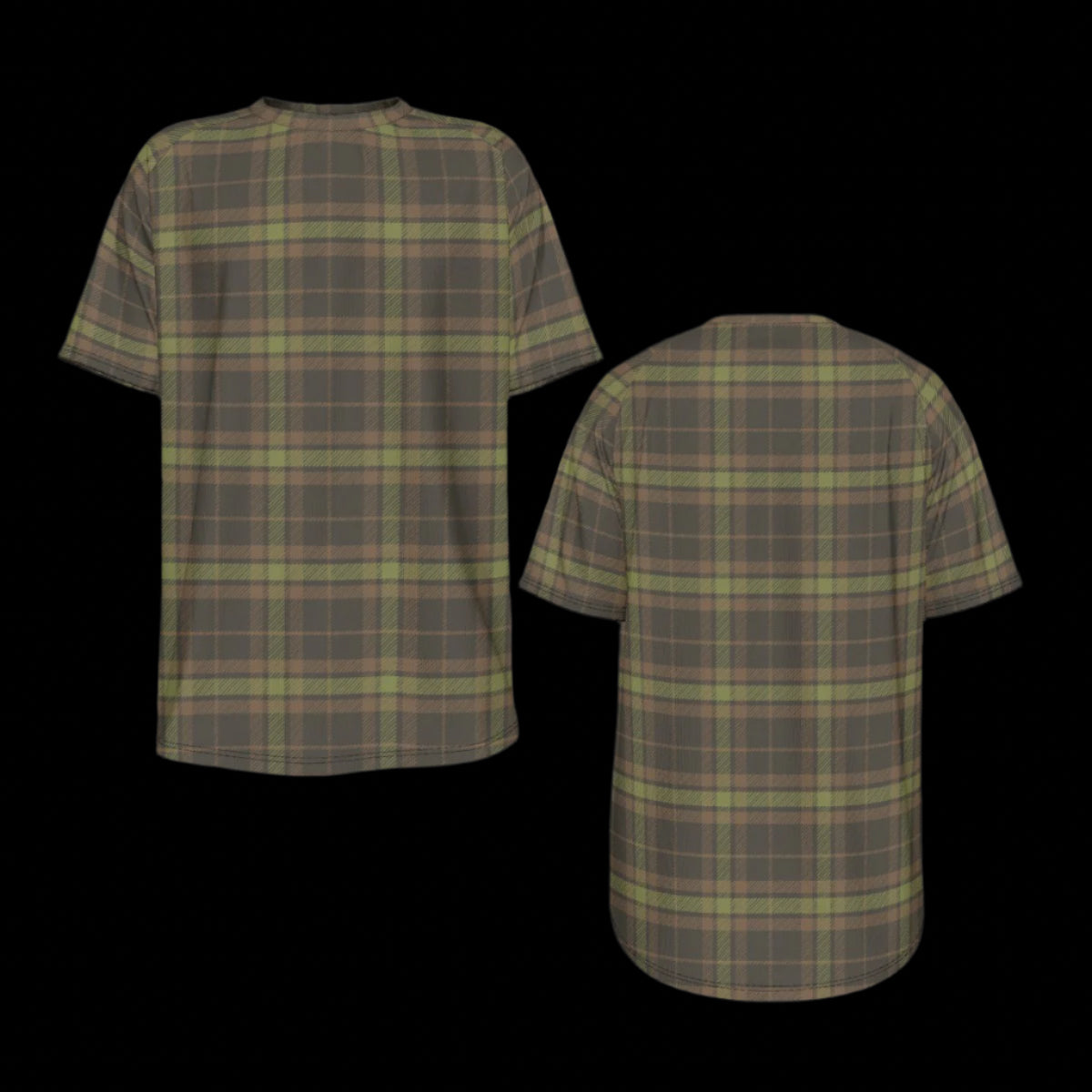 Front and back of green and brown plaid t-shirt on a black background