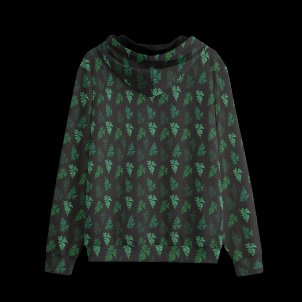 Back of Hoodie with green leaf pattern on a black background
