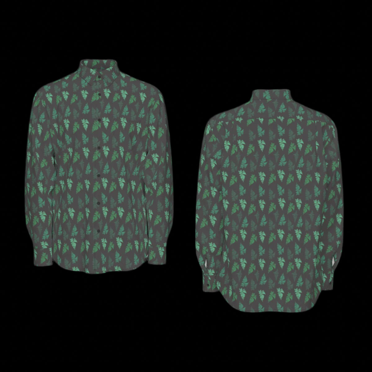 Front and back of green and black patterned long sleeve shirt on a black background