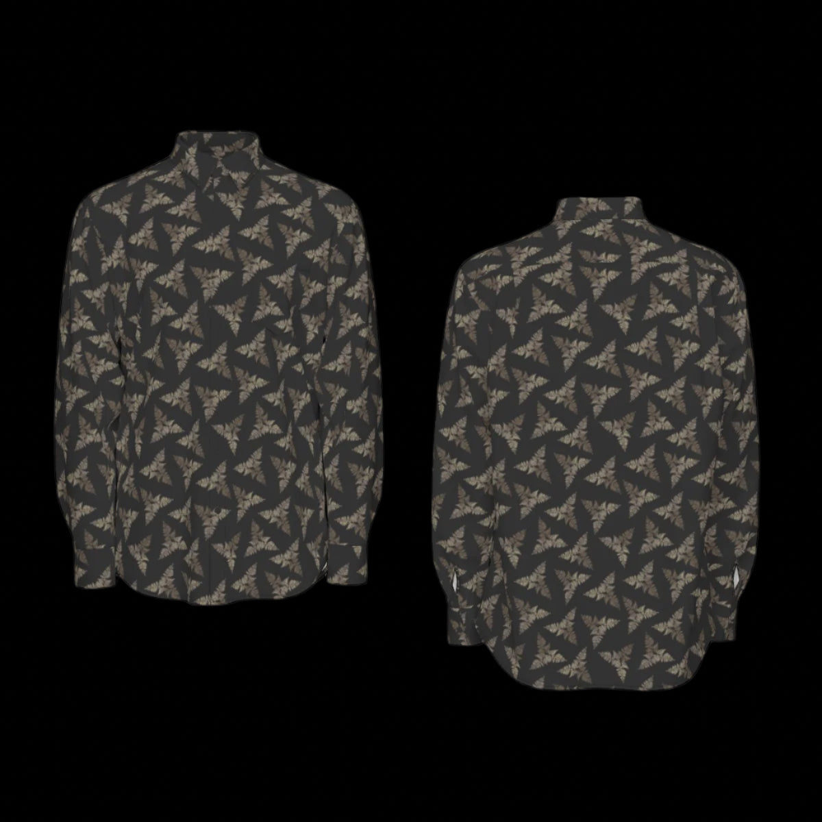Front and back of a patterned long sleeve shirt on a black background