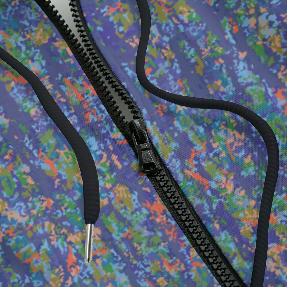 Front detail of a Colorful camouflage-patterned hoodie