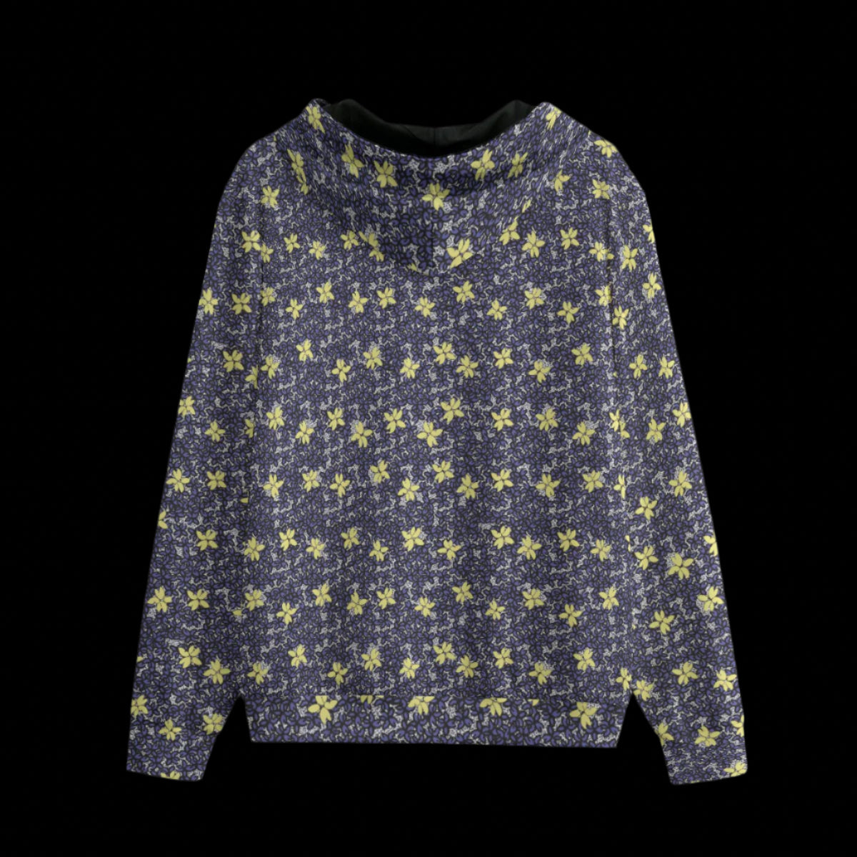 Back of a black zipper hoodie with a floral pattern on a black background