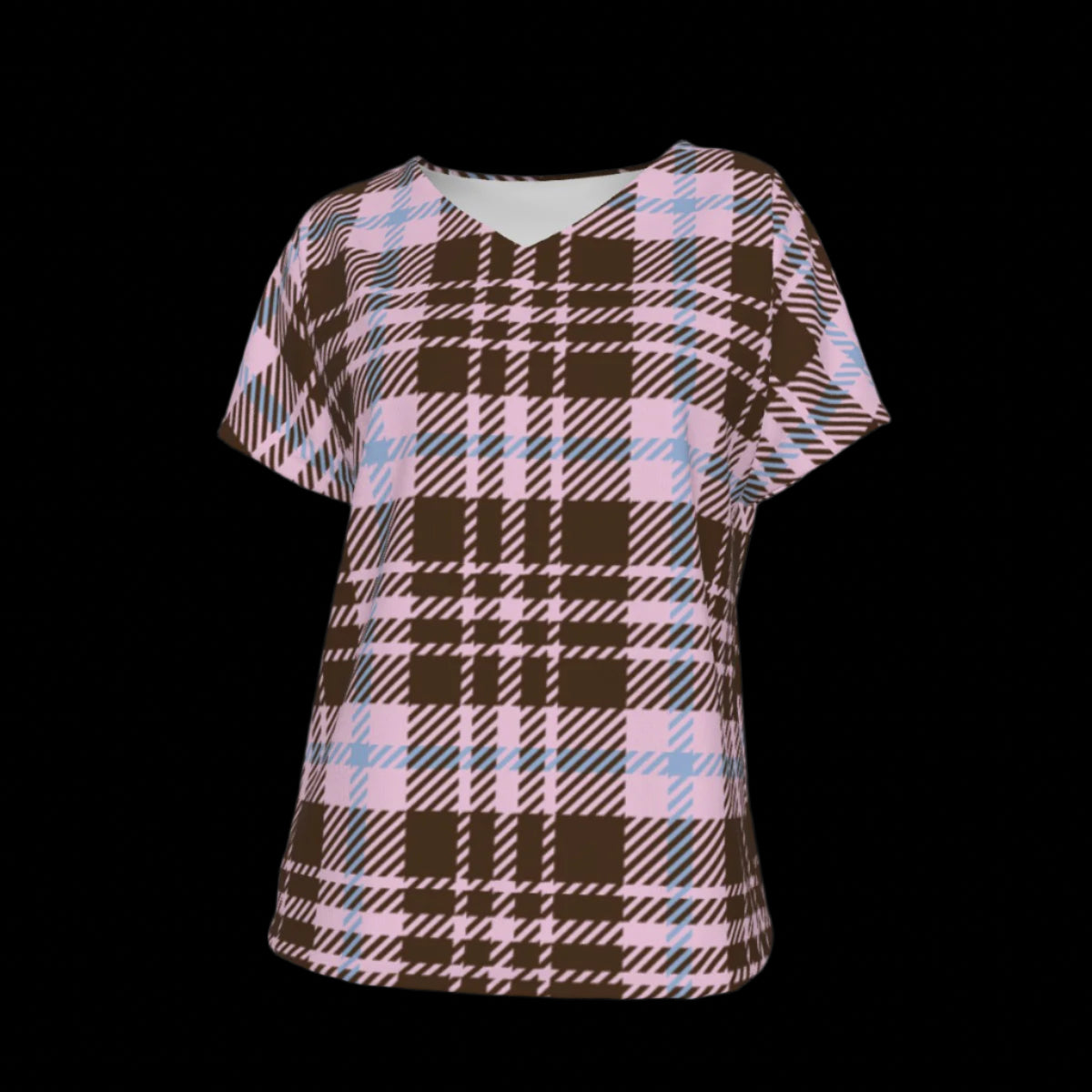 Front of plaid patterned top on a black background