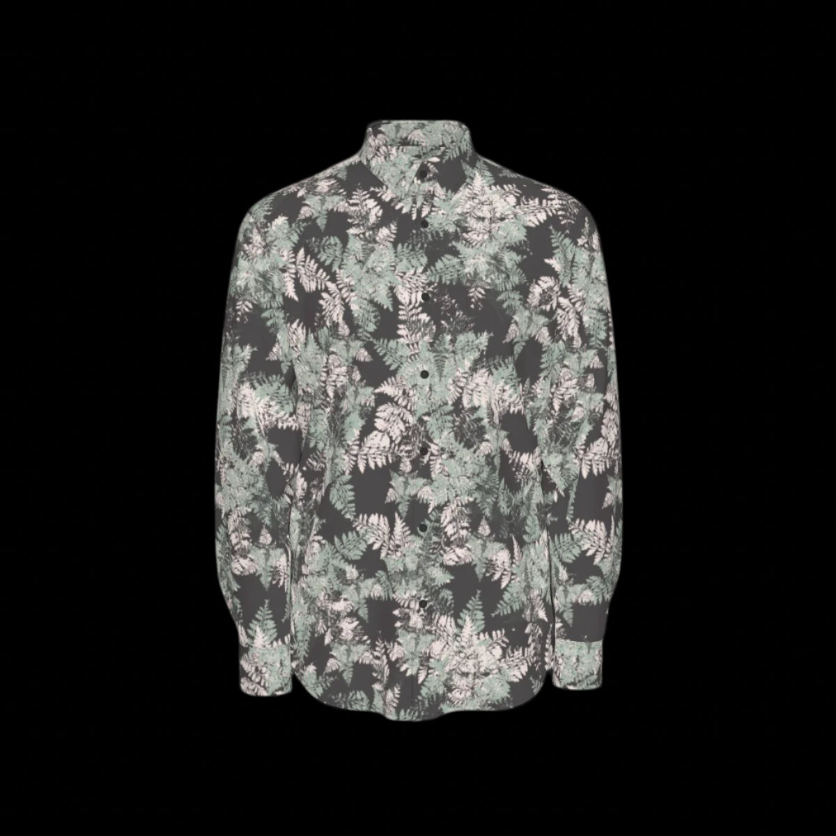 Front of floral patterned shirt on a black background