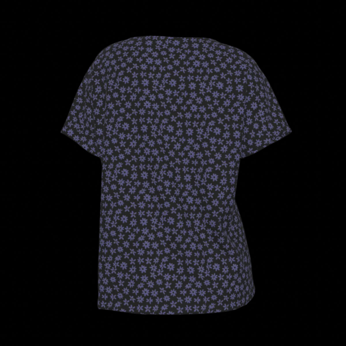 Back of navy blue patterned V-Neck blouse on a black background