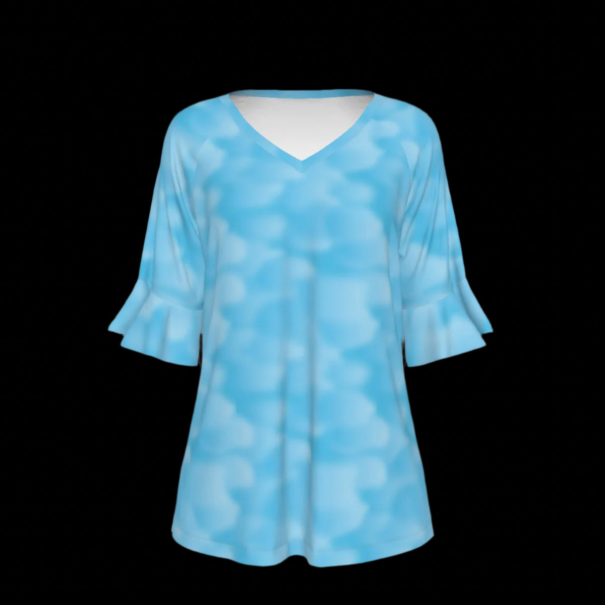 Front of blue patterned shirt on a black background