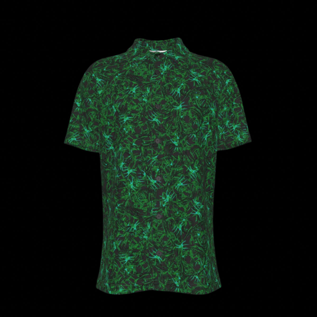 Front of green patterned button down short sleeve shirt on a black background
