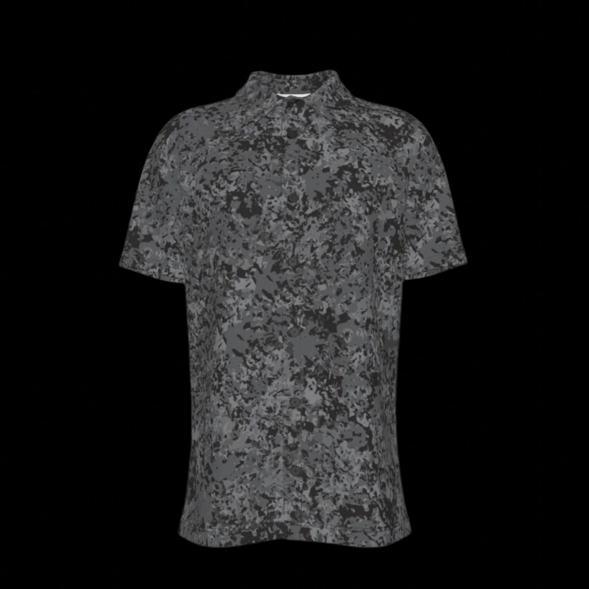 Front of black and gray camouflage patterned button-down shirt on a black background