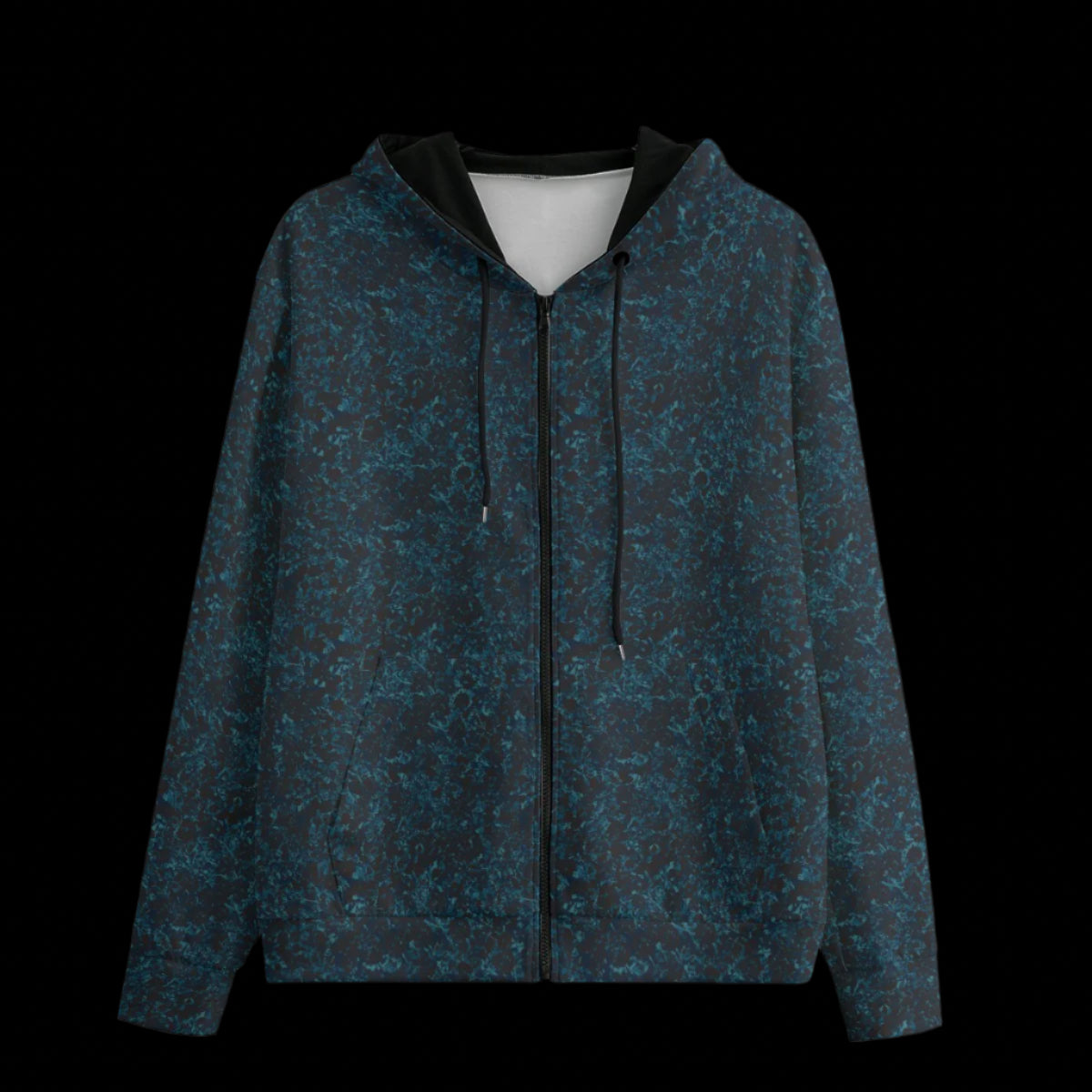 Front of black zippered hoodie with a blue design on a black background