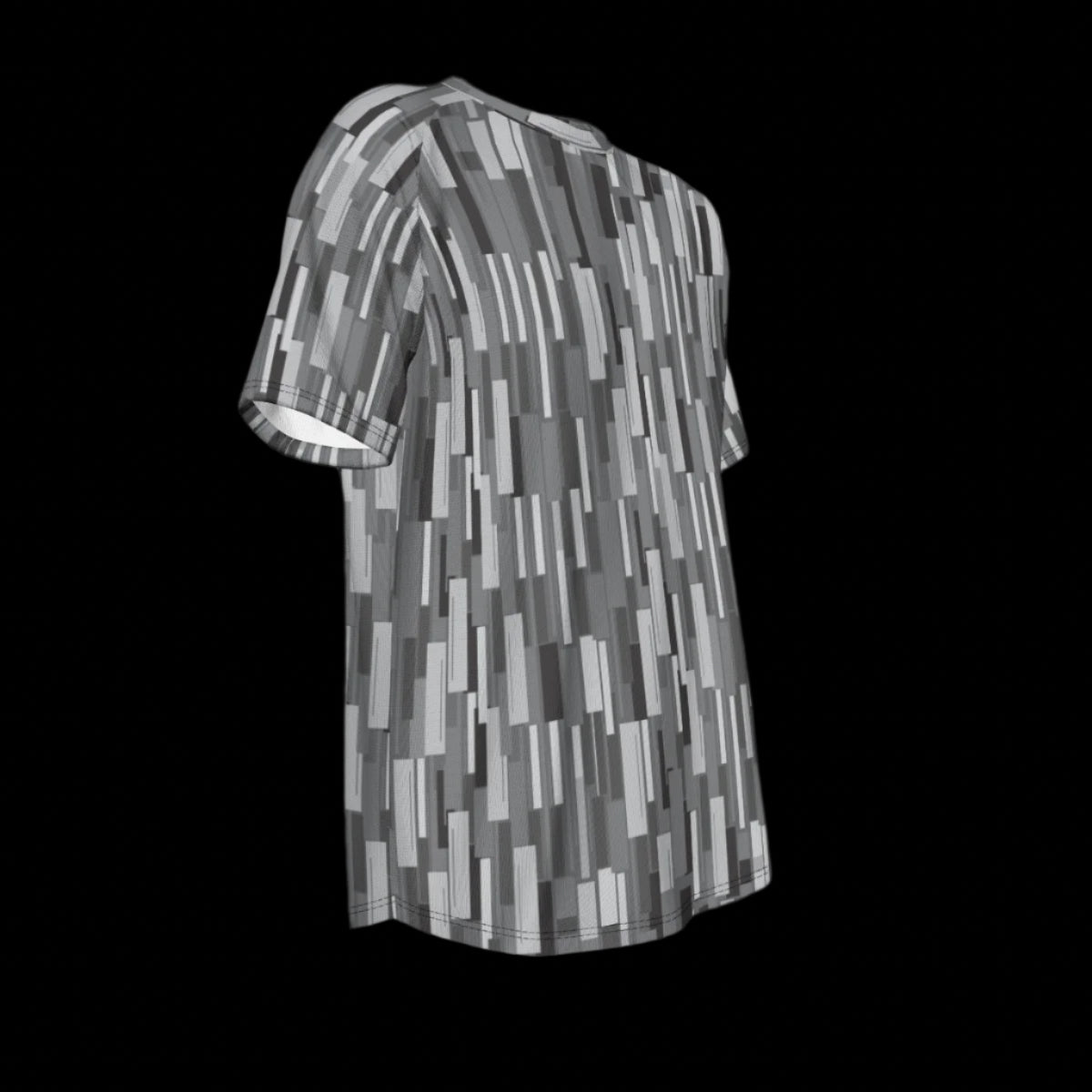 Right side of gray and black patterned t-shirt on a black background