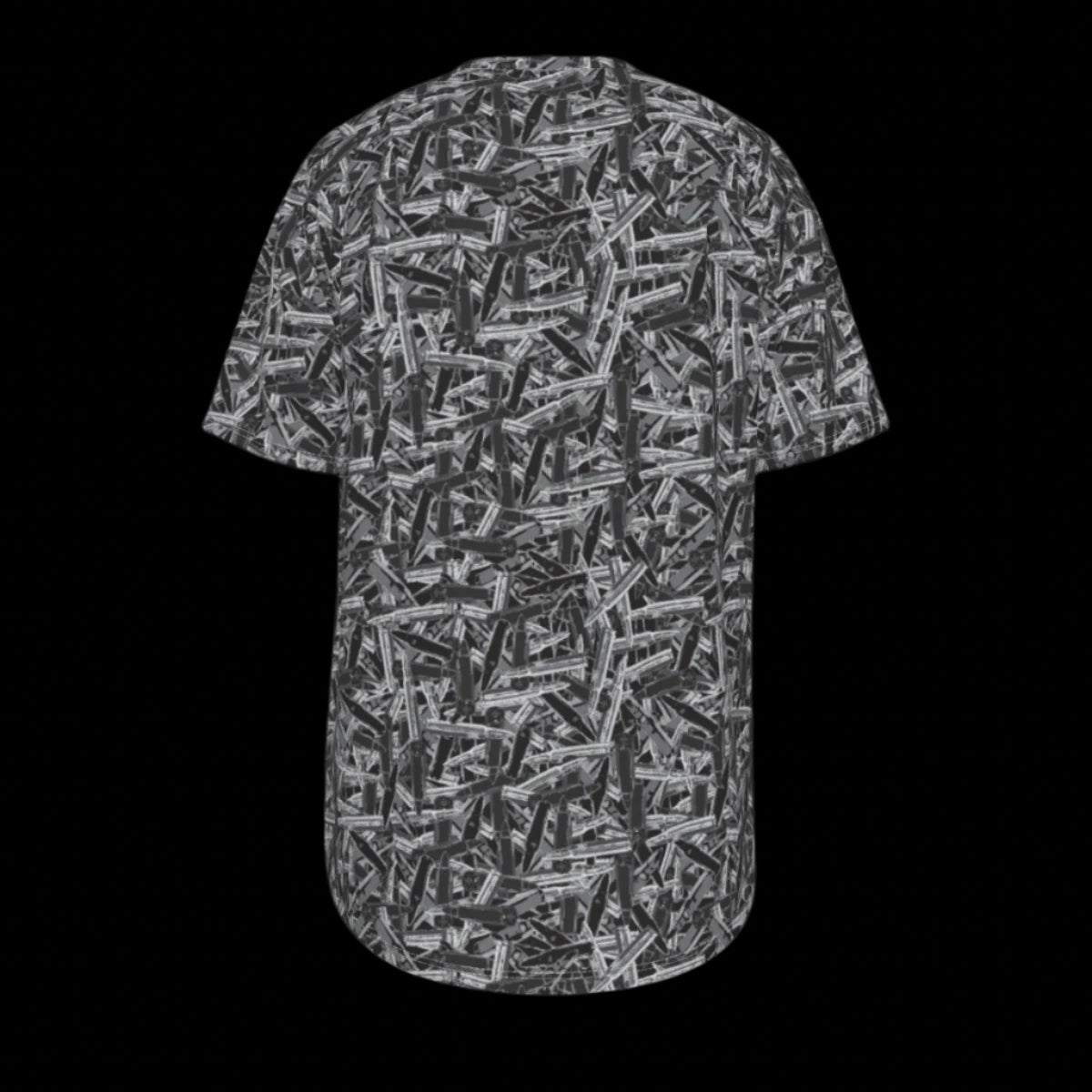 Back of black and white patterned t-shirt on a black background