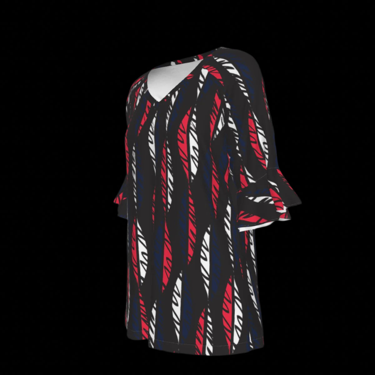 Left side of black blous with red and white pattern on a black background