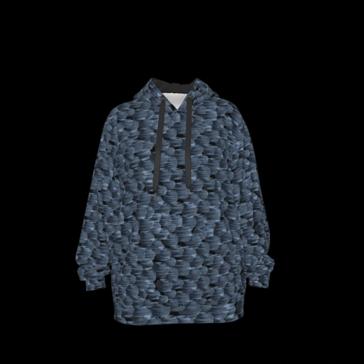 Front of a blue patterned hoodie on a black background