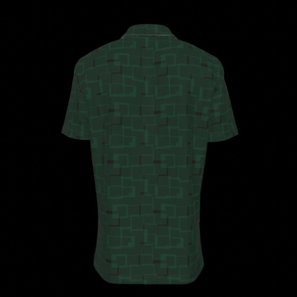 Back of a green pattern button down short-sleeved shirt on a black background