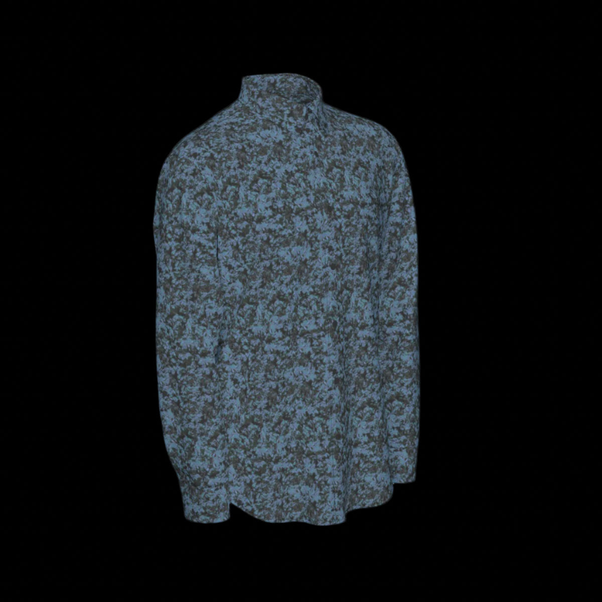 Right side of a blue camouflage long sleeve shirt on a black background