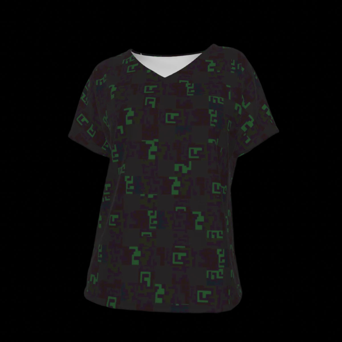 Front of black V-Neck t-shirt with green geometric pattern on a black background