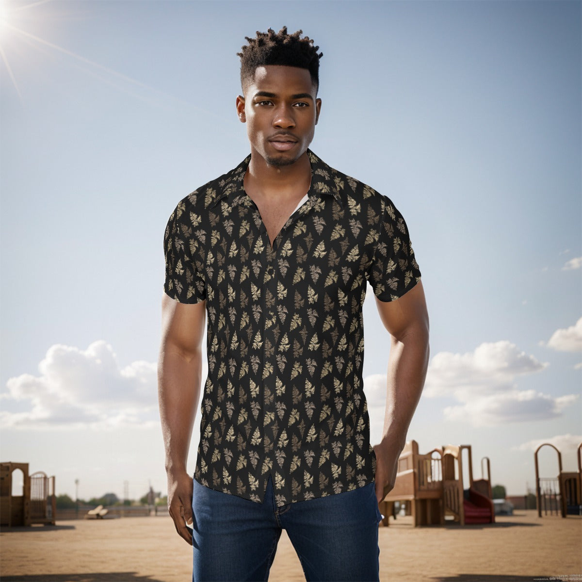Men's Button Down Short Sleeve Shirt / Camo Fern Design