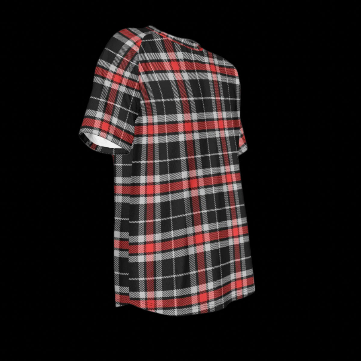 Right side of plaid shirt with red, black, and white pattern on a black background