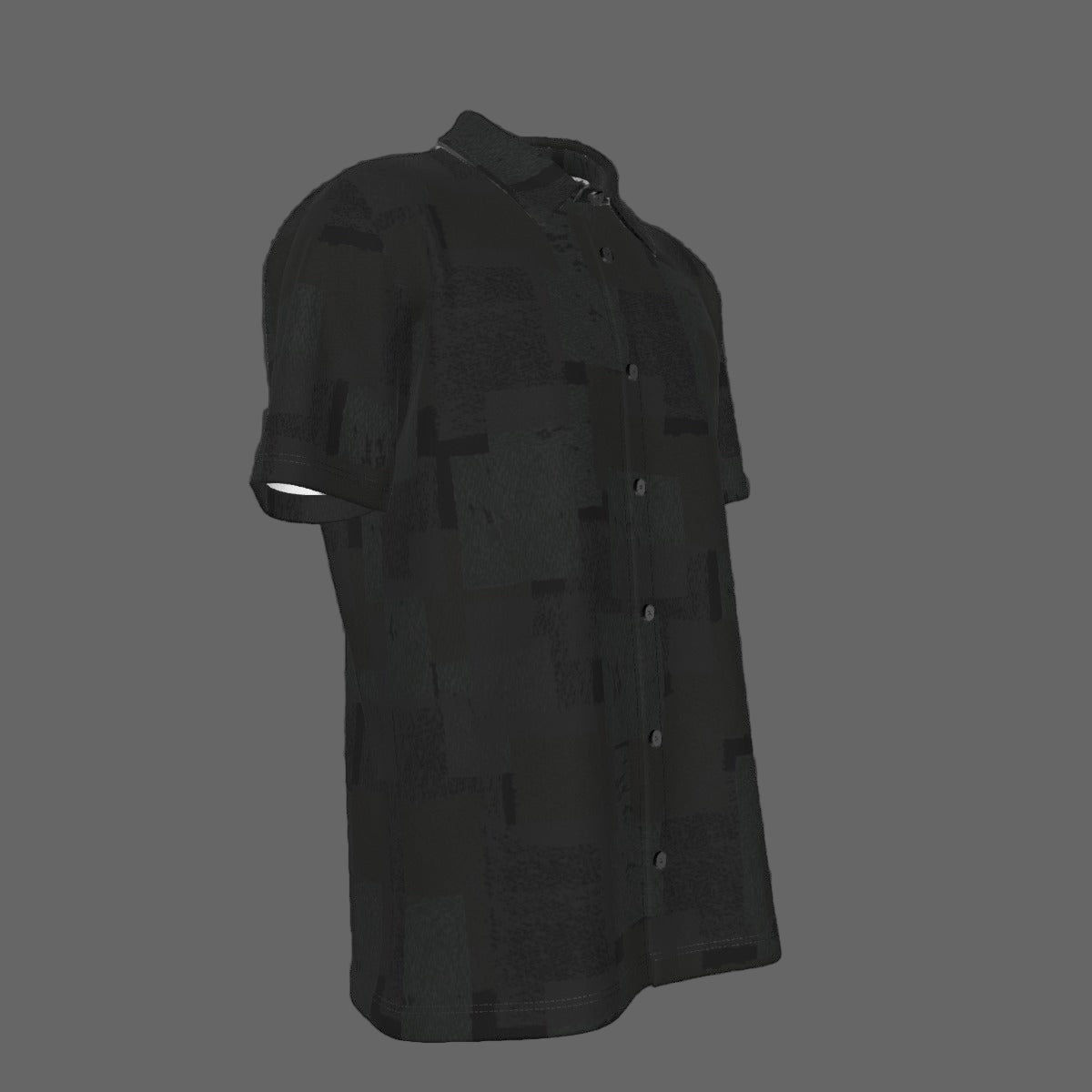 Right side of a black textured short-sleeve button-down shirt on a black background