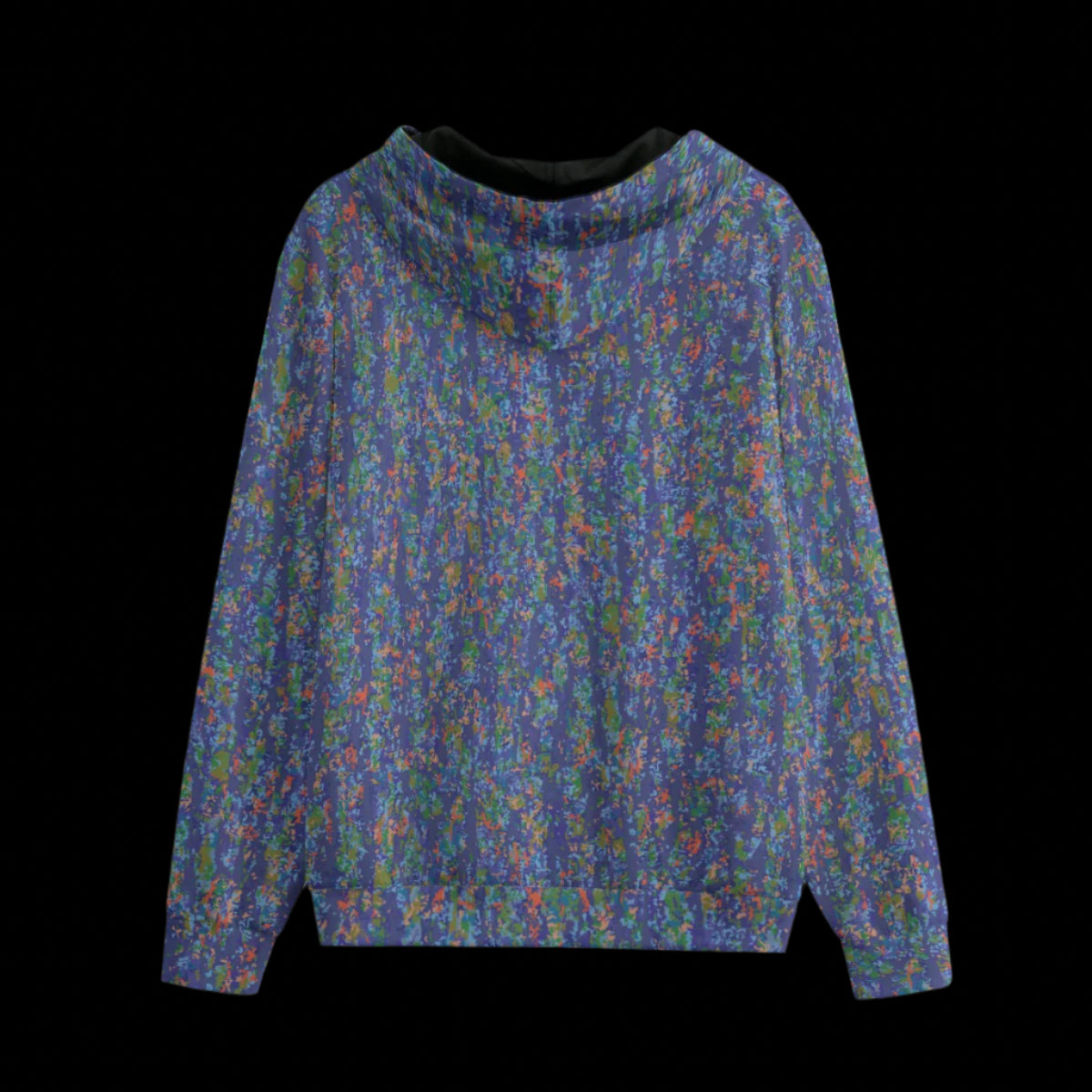 Back of a Colorful camouflage-patterned hoodie on a black background