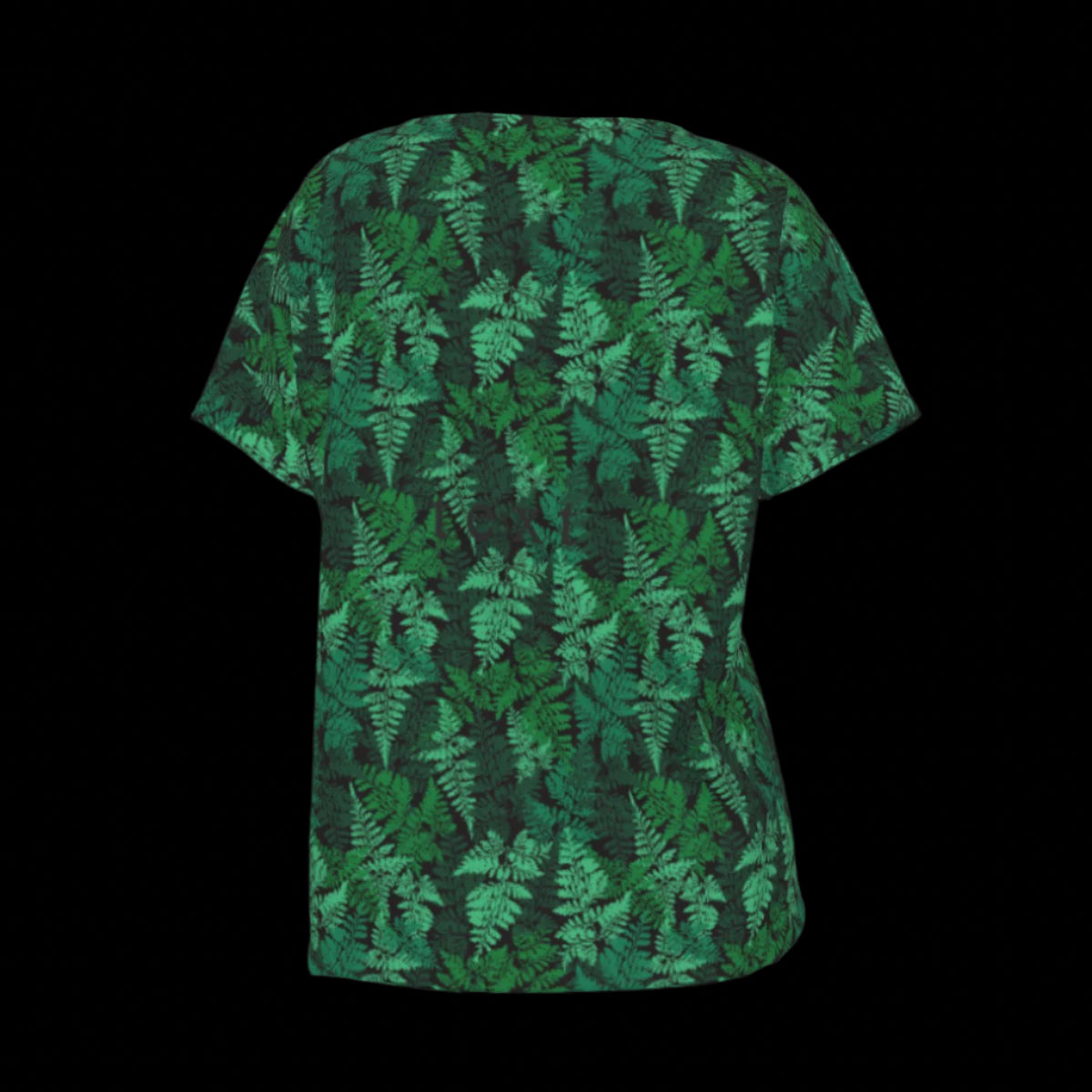 Back of green leaf-patterned V-Neck T-shirt on a black background