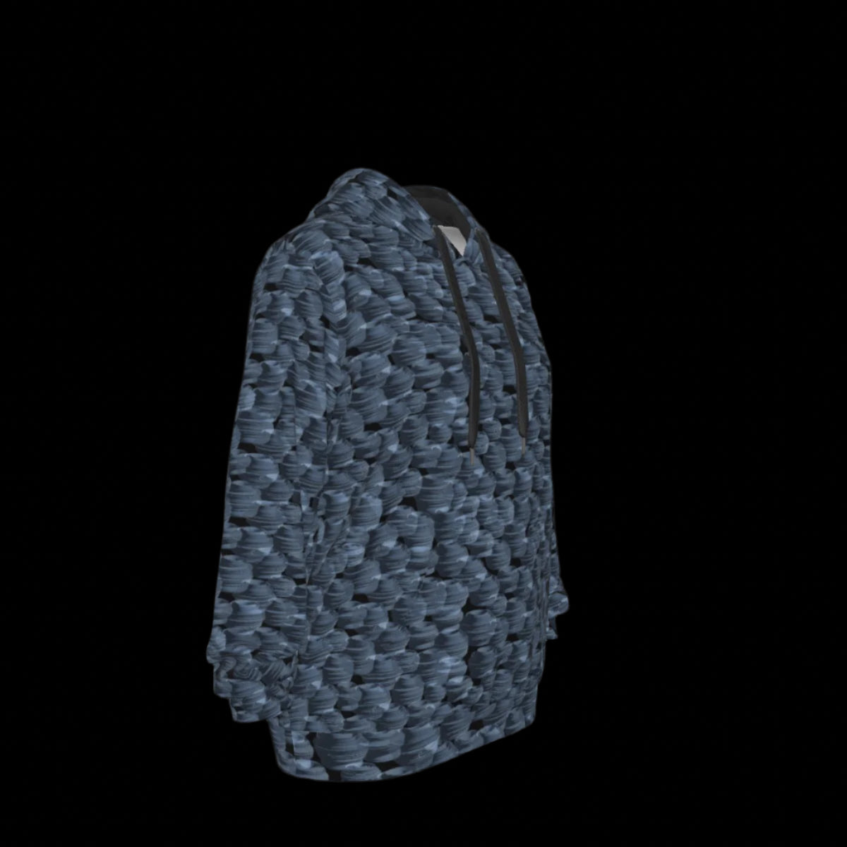 Right side of a blue patterned hoodie on a black background
