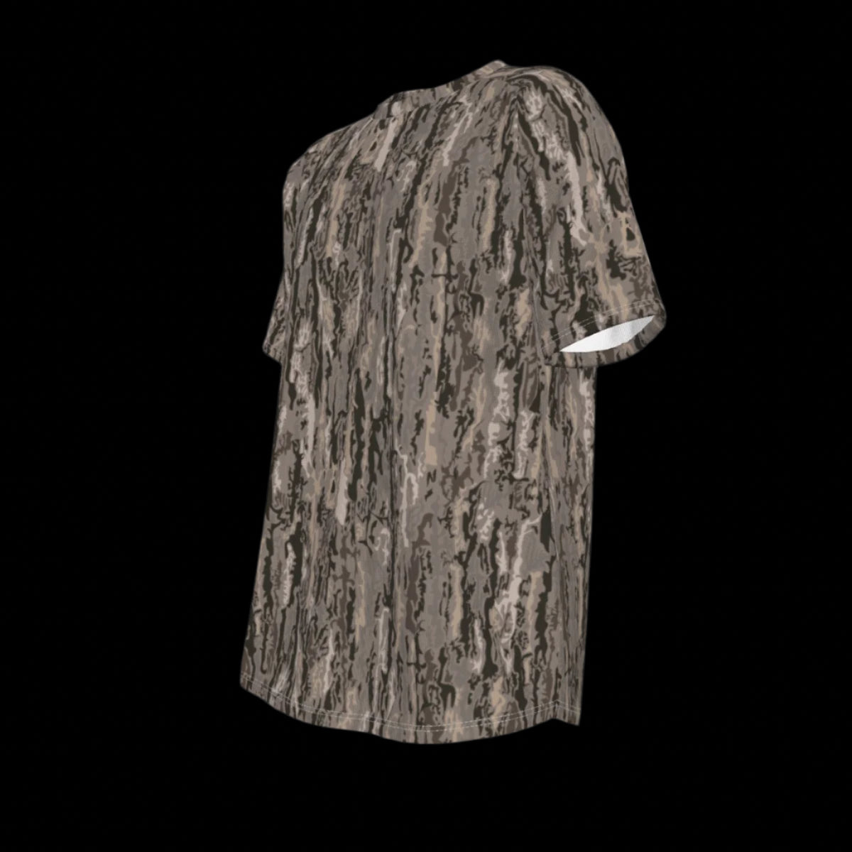 Left side of patterned shirt on a black background