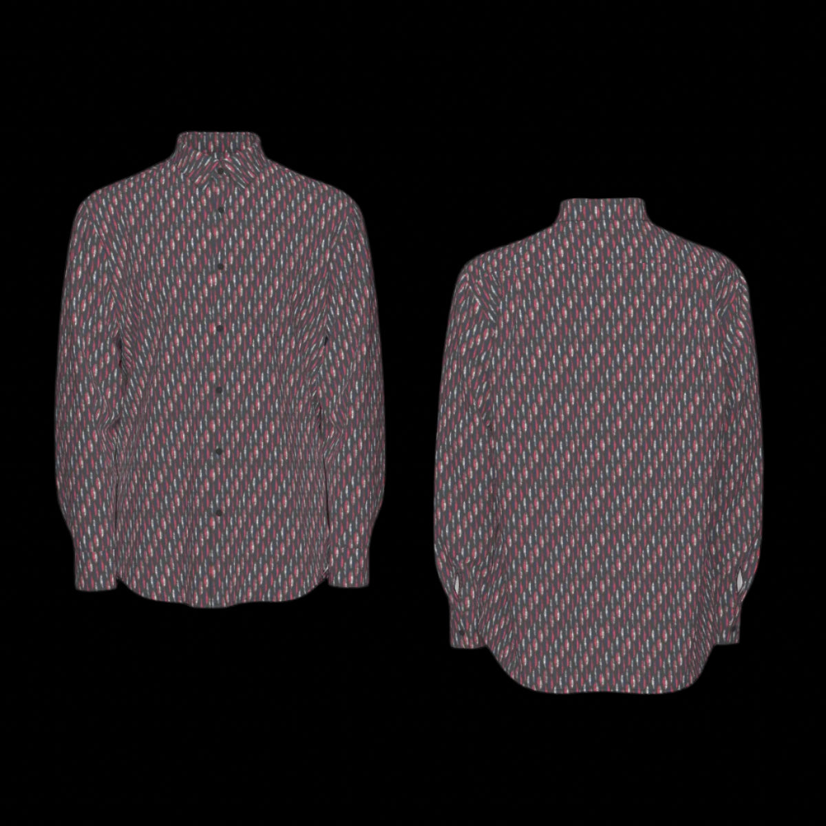 Front and back of patterned long sleeve shirt on a black background