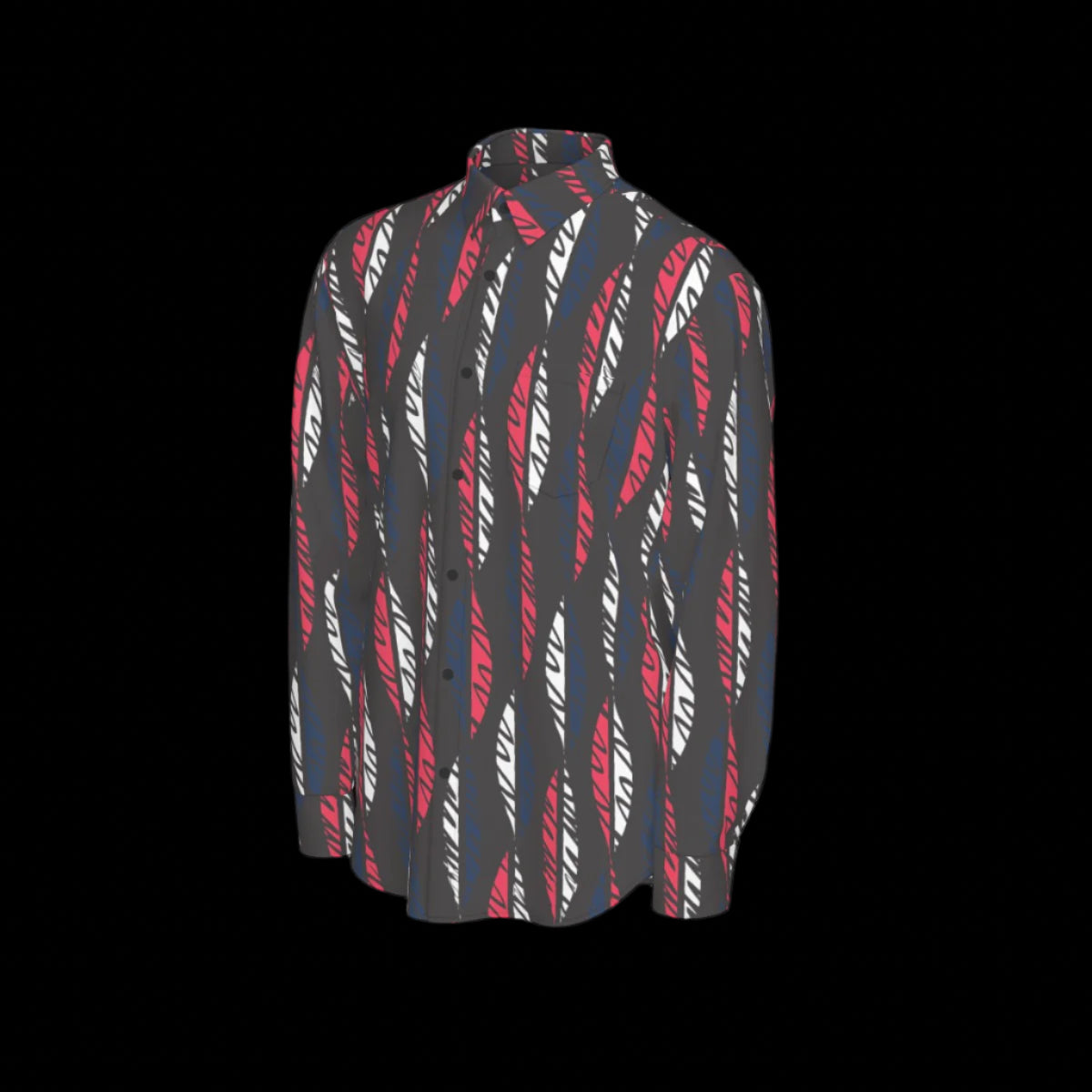 Left side of black shirt with red and white pattern on a black background