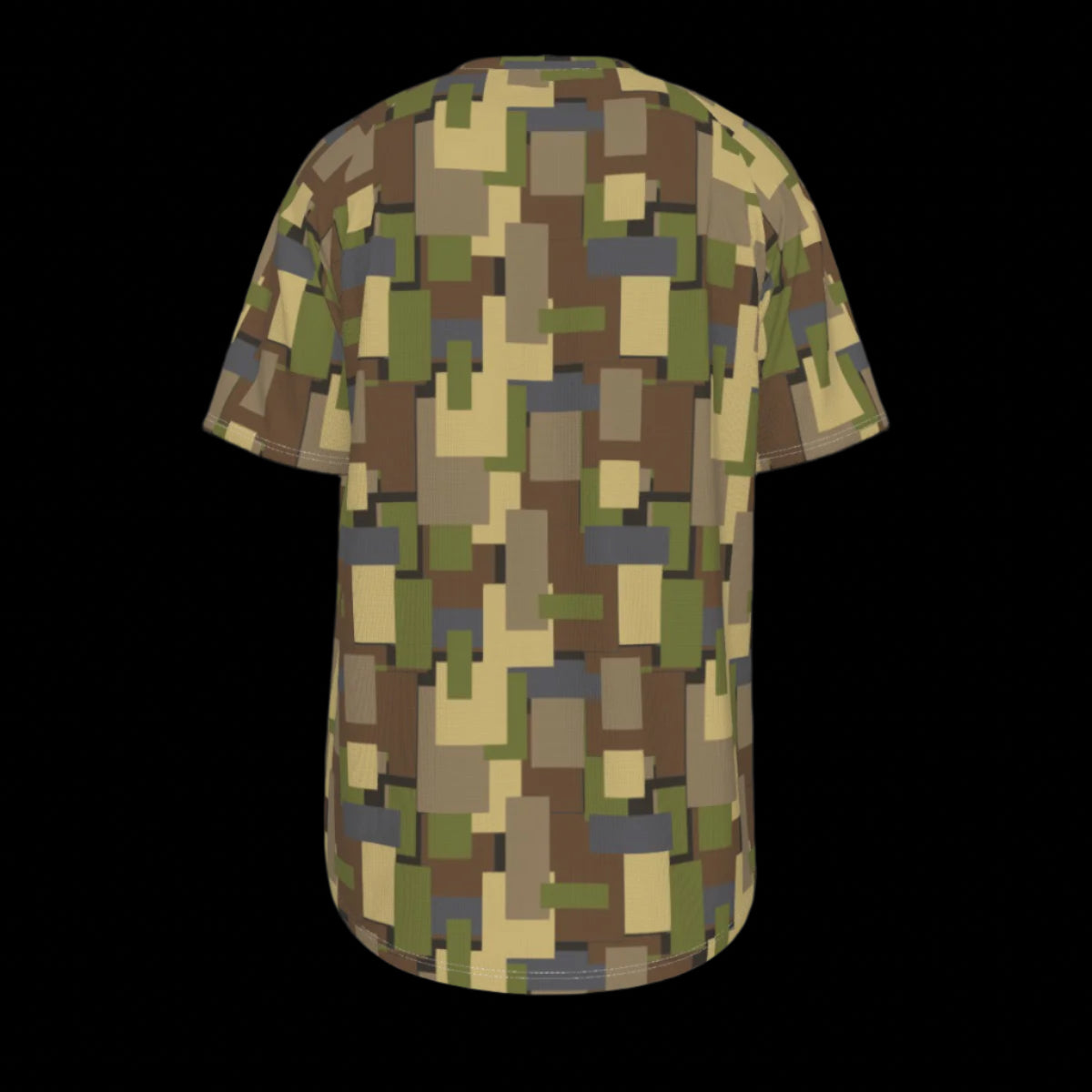 Back of Camouflage patterned t-shirt on a black background