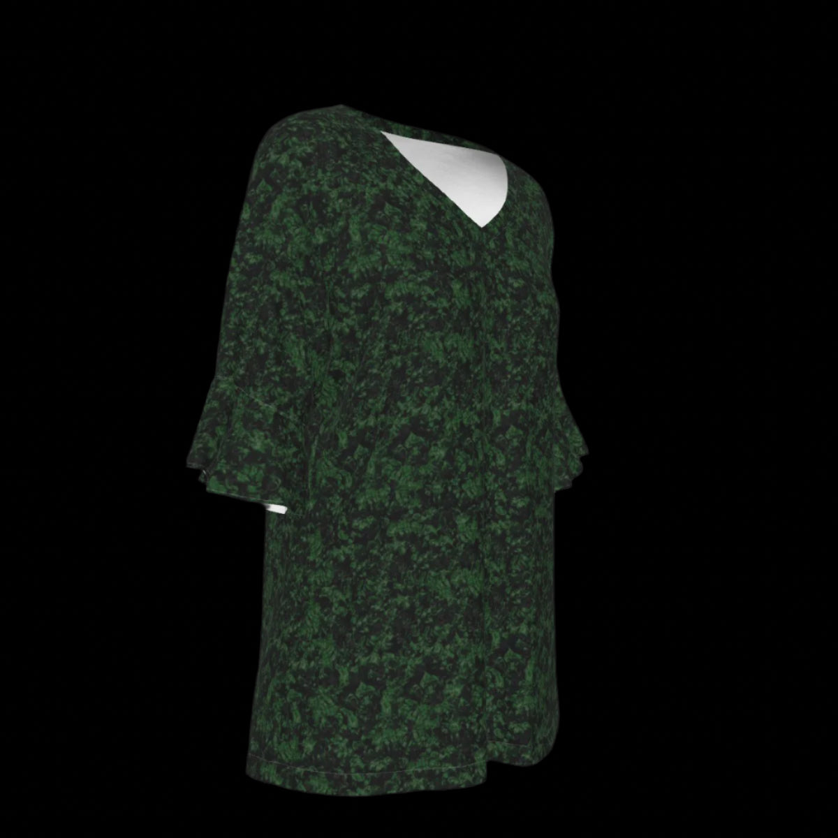 Right side of green patterned blouse on a black background