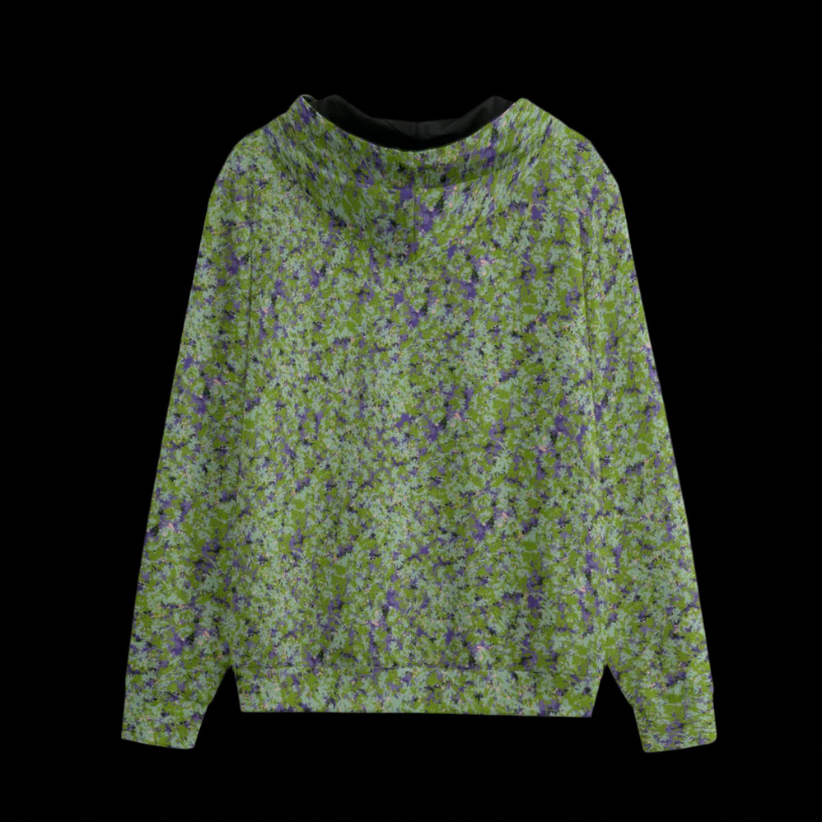 Back of black zipper camouflage pattern hoodie on a black background
