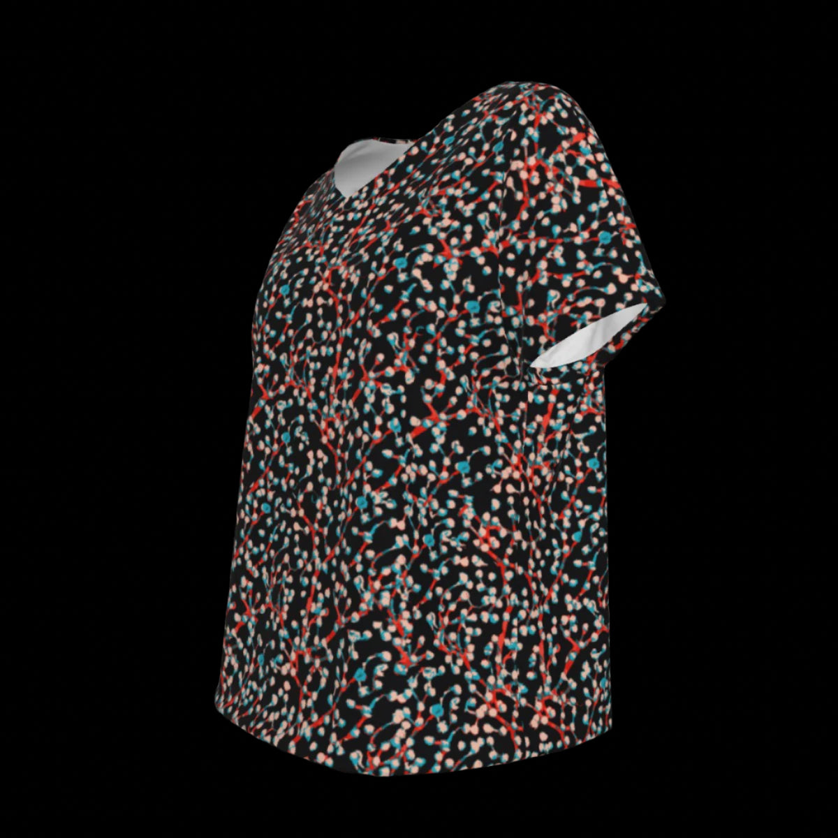 Left side of multicolored patterned V-Neck T-shirt on a white background